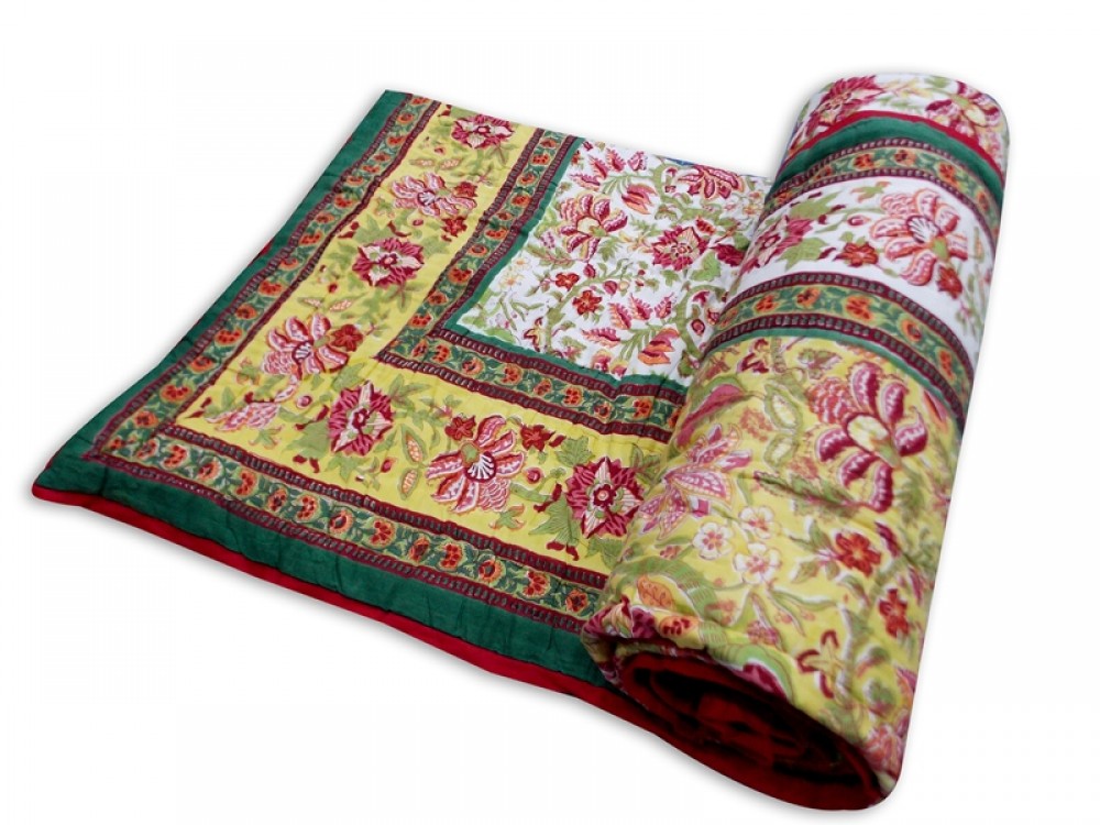 Double Bed Jaipuri Quilt / Razai Hand Block Printing Floral Design Size 90*108